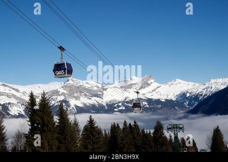 French Alps in winter. Gondola lift.  Saint Gervais les Bains. France. Stock Photo