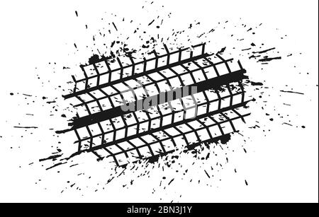 Black ink splash blots with tire track silhouettes isolated on white background. Stock Vector