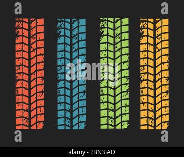 Collection textures of vector tire tracks with separate grunge texture, tire marks, tire tread, tread marks silhouette, pattern for machine and Stock Vector