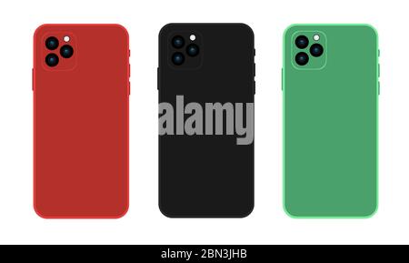 Pack of different colors modern 2019 mobile phones mockup isolated on white background. Black, red and green phones. Vector illustration Stock Vector