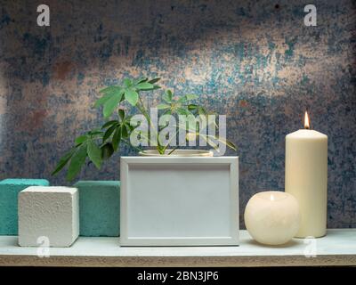 Picture frame mockup and plants with candles on white shelf against old blue wall. Stock Photo