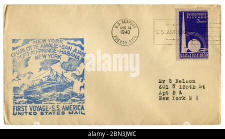 US Sea post, Puerto Rico, The USA - 14 August 1940: historical envelope: cover with cachet first voyage S.S. America and  postage stamp World Fair Stock Photo