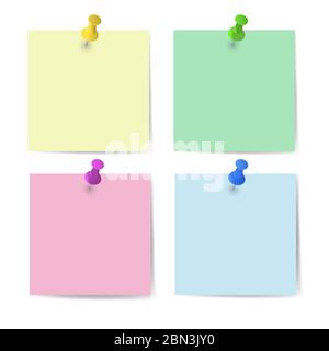Memo paper with pins for office paperwork. Fastener, paperclip with blank notepaper. Attaching binder with white note sheet. Set of isolated color Stock Vector
