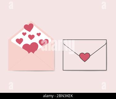 Vector romantic icon pink envelope. In the envelope is a card with a heart. Illustration of a love letter in flat style Stock Vector
