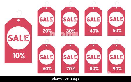 Sale tags set vector badges template, up to 10, 20, 30, 40, 50, 60, 70, 80, 90 percent off. Templates ready for use in advertising design, web and Stock Vector