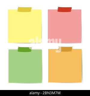 Set of various colors note papers with adhesive. Tape on white background Stock Vector