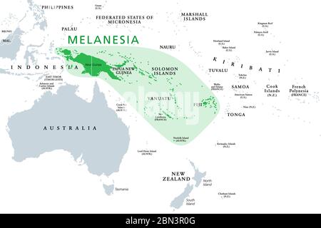 Melanesia, subregion of Oceania, political map. Extending from New Guinea in southwestern Pacific Ocean to Tonga.