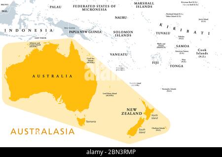 Australasia, Australia and New Zealand, a subregion of Oceania, political map. In UN geoscheme the continent Australia with New Zealand.