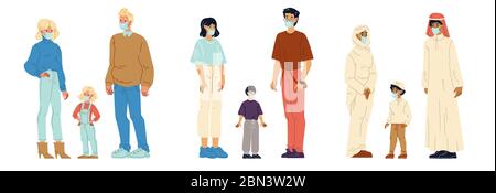 Multinational families children wearing masks set Stock Vector