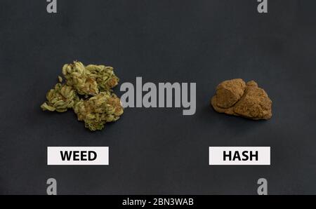 Top view of cannabis buds and blocks of hashish isolated on black background. Concept of comparison between weed and hash. Stock Photo