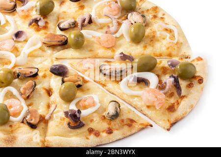seafood pizza with olives isolated on white background. Stock Photo