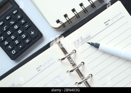 Top view of office suppliers on desk  Stock Photo