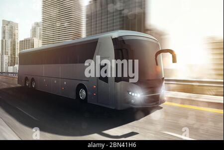 White bus moving fast on the road in a modern city with light effect ...