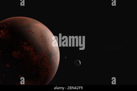 Mars planet of Solar sysrem with moons close up. 3d rendered illustration. Elements of this image furnished by NASA. Stock Photo