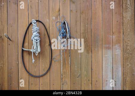 fishing boat anchors lifebuoys rod hooks float fishing Stock Photo