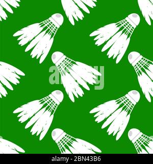 Shuttlecock Icon with Feathers Seamless Pattern Isolated on Green Background Stock Photo