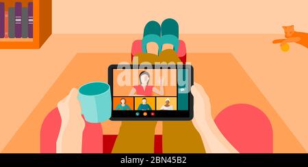 Person working from home while sitting on the couch with a coffee while on a work video conference call concept vector Stock Vector