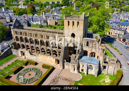 Aerial view of Jedburgh Abbey closed during Covid-19 lockdown in Scottish Borders, Scotland, UK Stock Photo