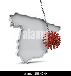 Spain simple 3D map being hit by coronavirus. 3D Rendering Stock Photo