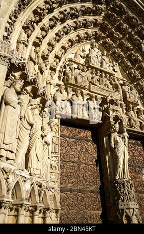 Saint statues and Last Judgment decorated the Central Portal of Cathedrale Notre-Dame de Paris Cathedral.Paris.France