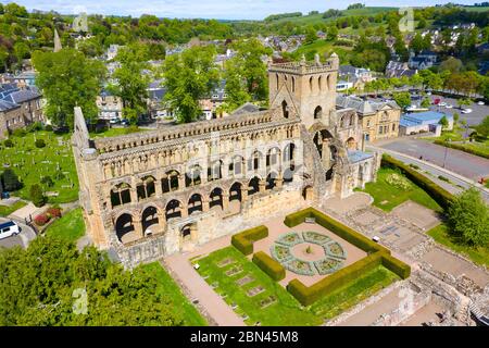 Aerial view of Jedburgh Abbey closed during Covid-19 lockdown in Scottish Borders, Scotland, UK Stock Photo
