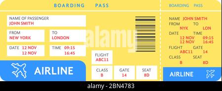 blue yellow air ticket by plane with text Stock Vector
