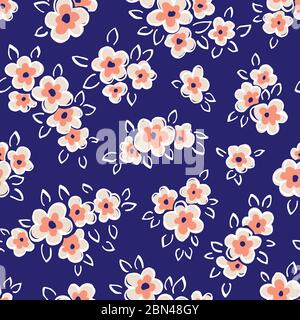 Hand Drawn Artistic Naive Daisy Flowers Outlines on Blue Background Vector Seamless Pattern Stock Vector