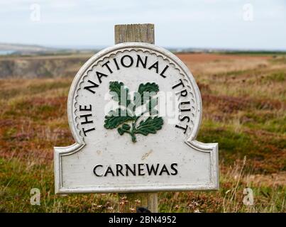 A National Trust omega sign at Carnewas, Cornwall, South West England, UK PHOTO TAKEN FROM PUBLIC FOOTPATH Stock Photo