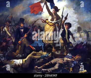 Liberty Leading the People 28 July 1830 Eugène Delacroix 1798 - 1863, France, French, ( July Revolution of 1830, which toppled King Charles X of France. A woman of the people with a Phrygian cap personifying the concept of Liberty leads a varied group of people forward over a barricade and the bodies of the fallen, holding the flag of the French Revolution  ) Stock Photo