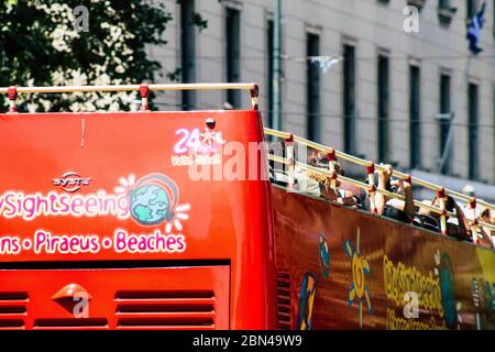 Athens Greece August 28, 2019 View of tourist bus rolling through the streets of Athens in the morning Stock Photo