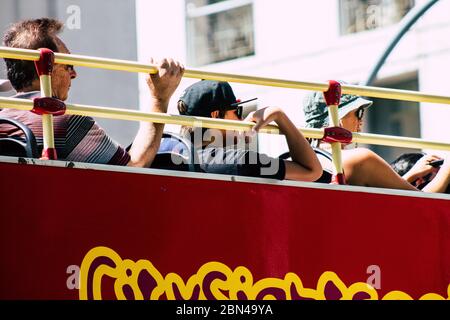 Athens Greece August 28, 2019 View of tourist bus rolling through the streets of Athens in the morning Stock Photo