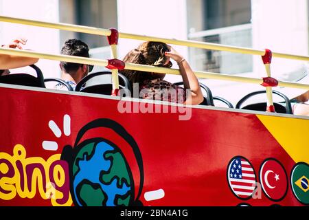 Athens Greece August 28, 2019 View of tourist bus rolling through the streets of Athens in the morning Stock Photo