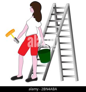 The girl painter is holding a paint roller and a bucket in his hands isolated on a white background. Stock Vector