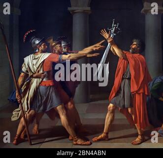 Oath of the Horatii The Oath of Horace in the hands of their Father -  Le Serment des Horace entre les mains de leur Pere 1784  Jacques Louis David 1784 - 1825  Belgian Belgique,  ( In the 7th century BC, to put an end to the bloody war between Rome and Alba, ) Stock Photo