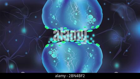 Signaling in the brain. Neural connections in the brain form thoughts, concept learning. Transmission of impulses in a living organism. Neural isolated on blue background. Synapse and Neuron cells. Stock Photo