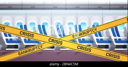 empty no people airplane board with yellow bankruptcy crisis tape coronavirus pandemic quarantine covid-19 concept modern plane interior horizontal vector illustration Stock Vector