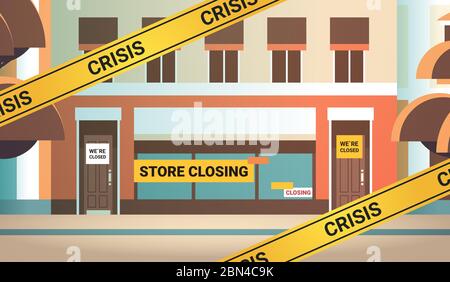 empty supermarket with yellow closing tape coronavirus pandemic quarantine covid-19 concept no people grocery shop market exterior horizontal vector illustration Stock Vector