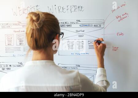 UI UX designer drawing new website wireframe Stock Photo