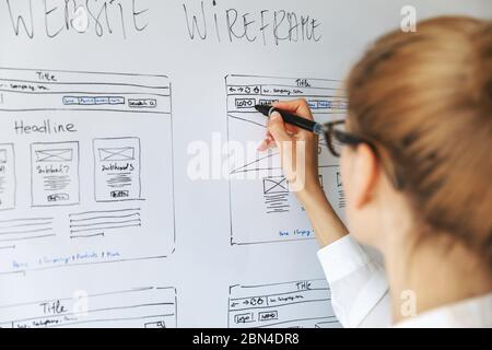 UI UX designer drawing new website wireframe Stock Photo