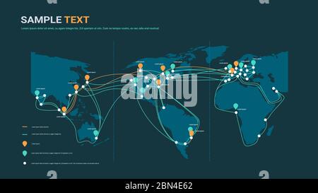 global network cable connections and information transfer system world map technology internet connection telecommunications concept infographic horizontal copy space vector illustration Stock Vector