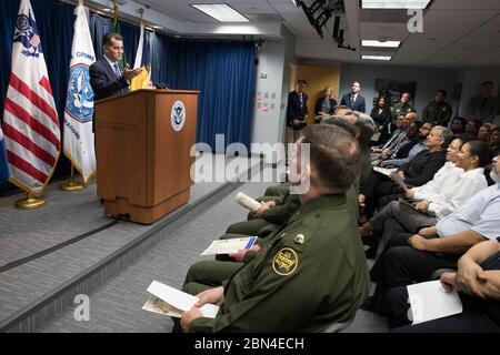 CBP Acting Deputy Commissioner Robert Perez delivers the keynote address at U.S. Customs and Border Protection’s National Hispanic Heritage Month themed “Hispanics: One Endless Voice to Enhance Our Traditions” at U.S. Customs and Border Protection Headquarters in Washington, DC on October 4, 2018. Stock Photo