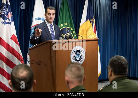 CBP Acting Deputy Commissioner Robert Perez delivers the keynote address at U.S. Customs and Border Protection’s National Hispanic Heritage Month themed “Hispanics: One Endless Voice to Enhance Our Traditions” at U.S. Customs and Border Protection Headquarters in Washington, DC on October 4, 2018. Stock Photo