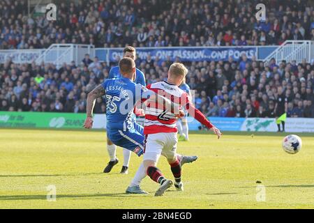 HARTLEPOOL, ENGLAND - Lewis Alessandra of Hartlepool United battles with Craig Alcock of Doncaster Rovers during the SKY Bet League 2 match between Hartlepool United and Doncaster Rovers at Victoria Park, Hartlepool on Saturday 6th May 2017 (Credit: Mark Fletcher | MI News) Stock Photo