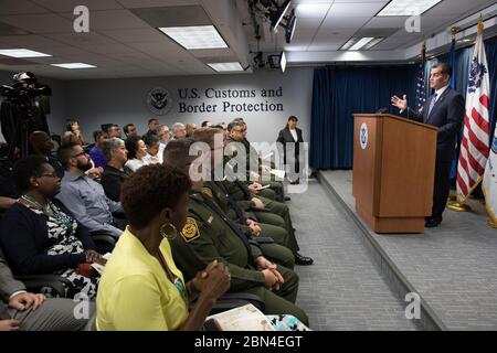 CBP Acting Deputy Commissioner Robert Perez delivers the keynote address at U.S. Customs and Border Protection’s National Hispanic Heritage Month themed “Hispanics: One Endless Voice to Enhance Our Traditions” at U.S. Customs and Border Protection Headquarters in Washington, DC on October 4, 2018. Stock Photo