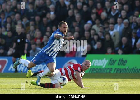 HARTLEPOOL, ENGLAND - Lewis Alessandra of Hartlepool United is brought down by Doncaster Rovers' Luke McCullough during the SKY Bet League 2 match between Hartlepool United and Doncaster Rovers at Victoria Park, Hartlepool on Saturday 6th May 2017 (Credit: Mark Fletcher | MI News) Stock Photo