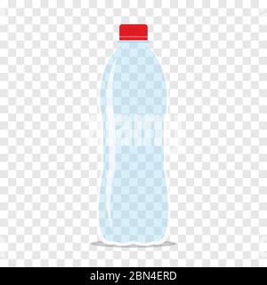Empty transparent plastic bottle with crimson cap for water or juice. Flat icon isolated on checkered background. Stylized vector eps10 illustration w Stock Vector