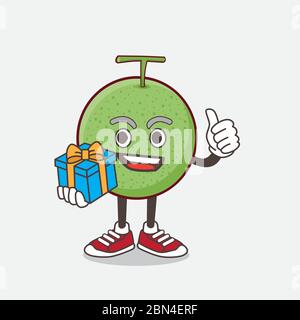 An illustration of Melon Fruit cartoon mascot character with gift Stock Vector
