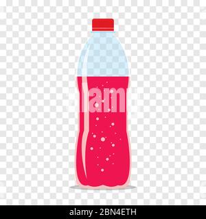 Plastic bottle three quarters filled of fresh sparkling raspberry juice. Flat icon isolated on checkered background. Crimson liquid in transparent con Stock Vector