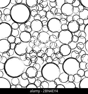 Abstract grunge bubbles seamless pattern. Black circles of different sizes on white background. Wrapping texture with randomly placed round imprints. Stock Vector