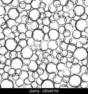Abstract grunge bubbles seamless pattern. Black circles of different sizes on white background. Wrapping texture with randomly placed round imprints. Stock Vector